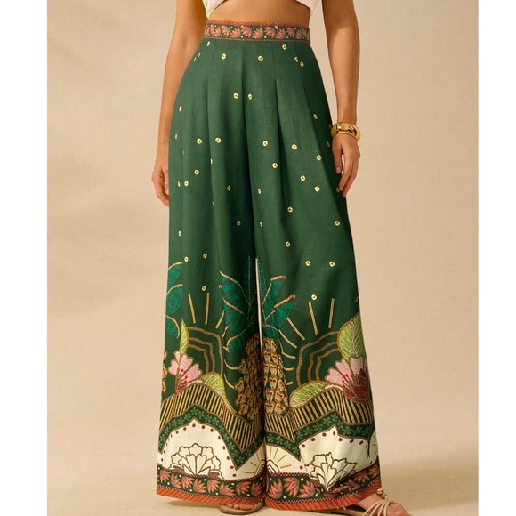 Elegant Green Wide Leg Pants - Picture 1 of 6